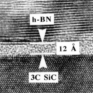 BN-Misoriented interphase boundary between h-BN (precipitate) and SiC grains (within a silicon nitride particulate-reinforced silicon carbide composite)